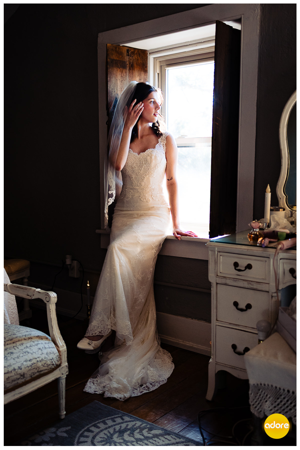 Portrait of bride before ceremony inside farmhouse
Shade Rock Farms
