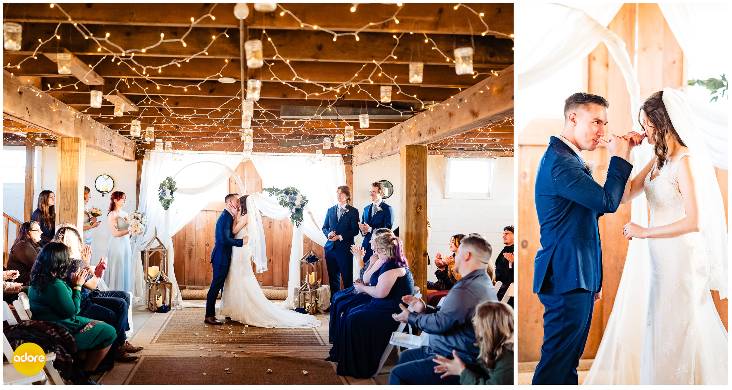 Bride and groom first kiss at ceremony barn wedding. Pinkie promise kisses.
Shade Rock Farms