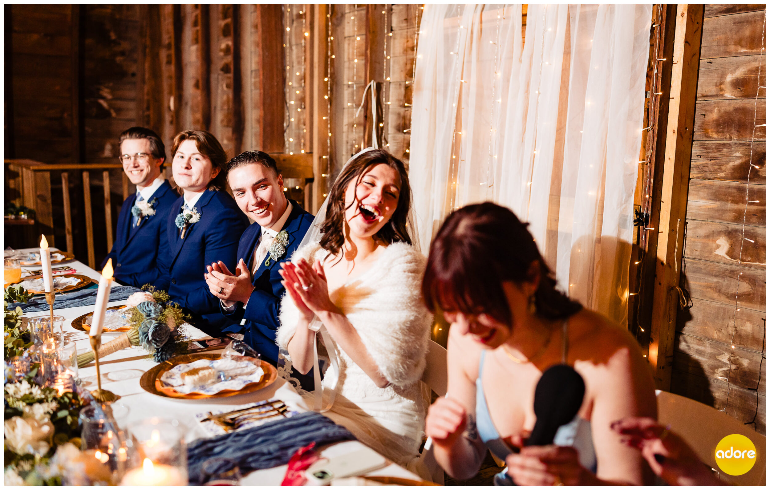 Bride and groom laughing at Maid of Honor speech barn winter wedding
Shade Rock Farms